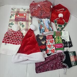 Lot Of 13 Christmas Holiday Items Hats Tablecloth Socks Tree Skirt Bows